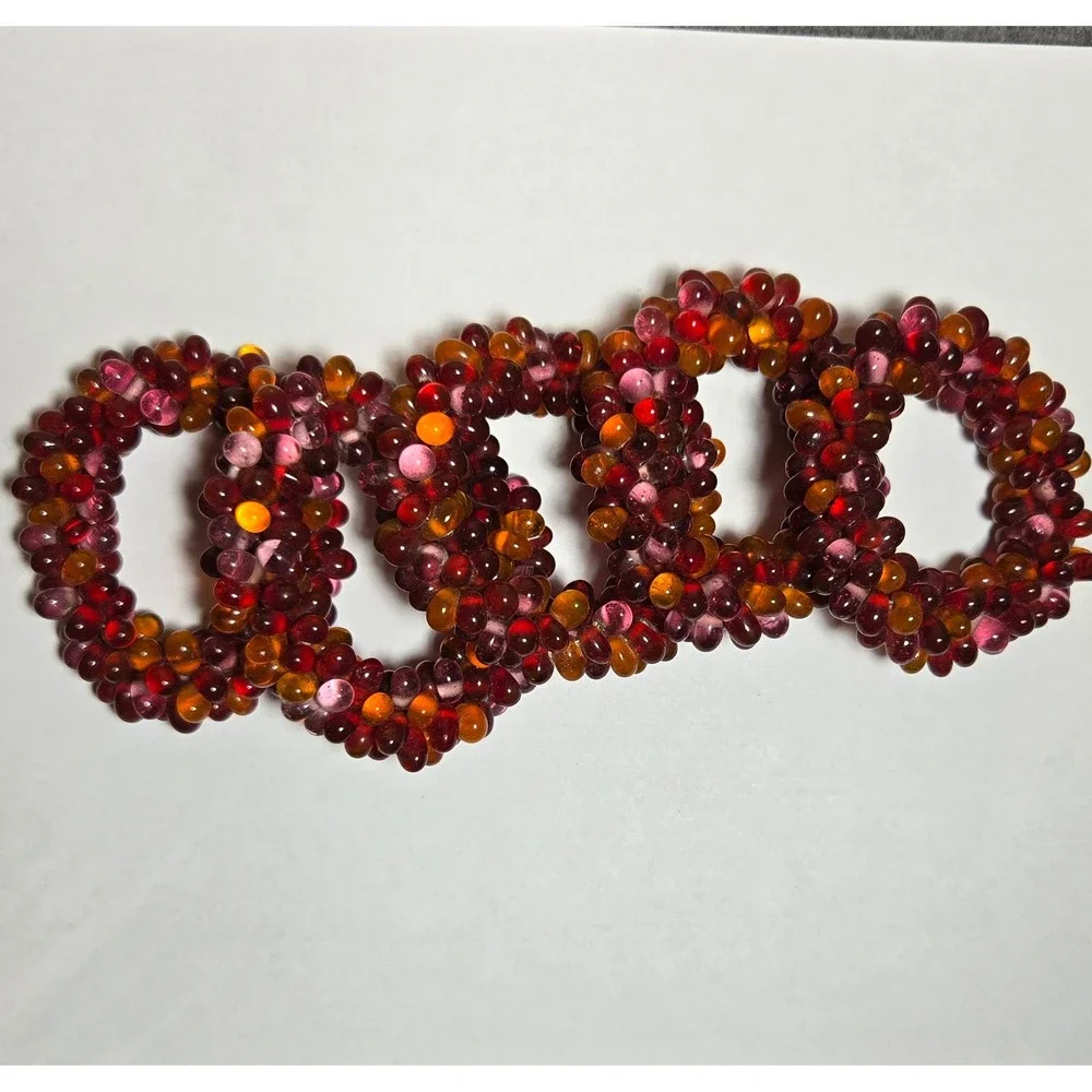Vintage Set 5 Handcrafted Glass Bead Napkin Rings Red Amber Purple Cluster Decor